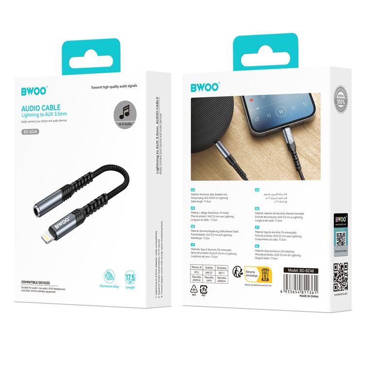 BWOO Sovitin AUX 3.5mm - Lightning Musta BZ48