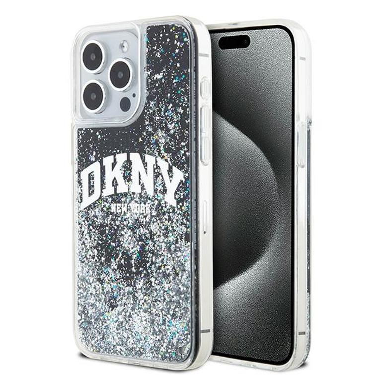 DKNY-suojakuori iPhone 15 Pro Max 6,7":lle DKHCP15XLBNAEK mustat nestekimalteet ja kaarilogo.