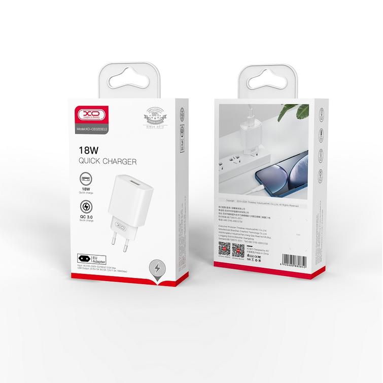 XO-seinälaturi CE02D QC 3.0 18W 1x USB valkoinen