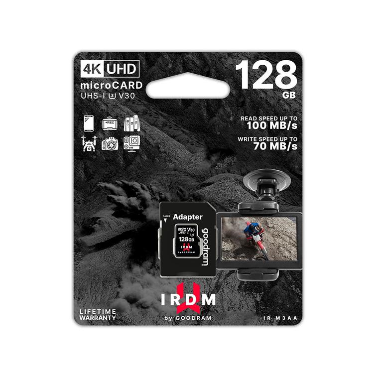 GoodRam IRDM 128GB microSD UHS-I U3 V30 -muistikortti adapterilla