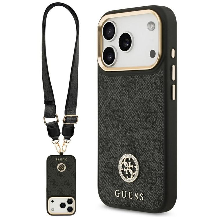 Guess 4G Strass Logo & Big Strap Metal Buttons MagSafe -kotelo iPhone 17 Prolle, musta