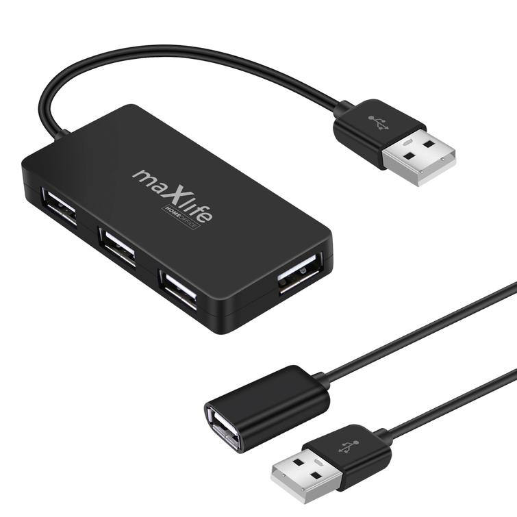 Maxlife Kotitoimisto USB 2.0 -keskitin USB - 4x USB 0,15 m musta + kaapeli 1,5 m