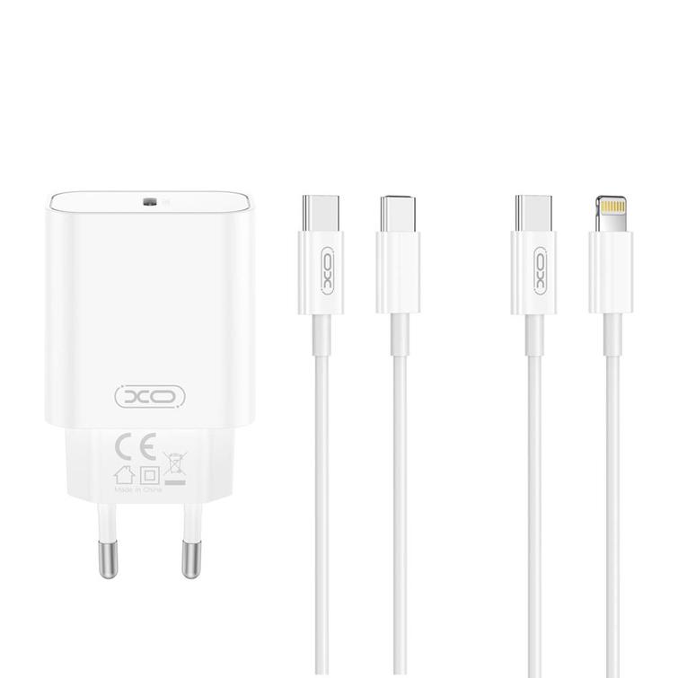 XO-seinälaturi CE32 PD 20W 1x USB-C valkoinen + USB-C - Lightning-kaapeli