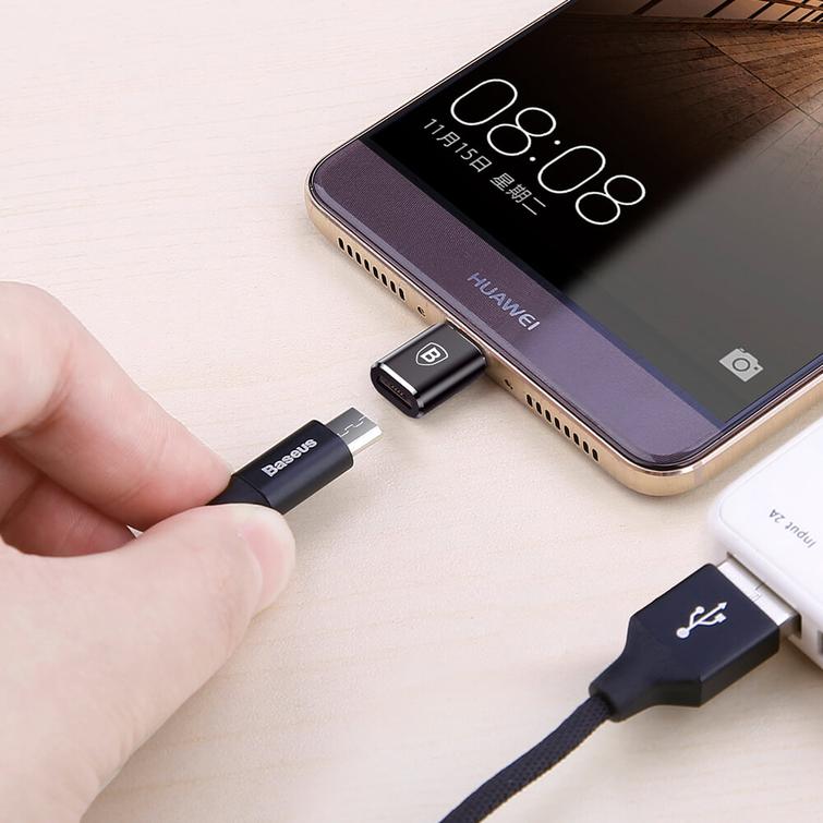 Baseus OTG-sovitin microUSB - USB-C musta