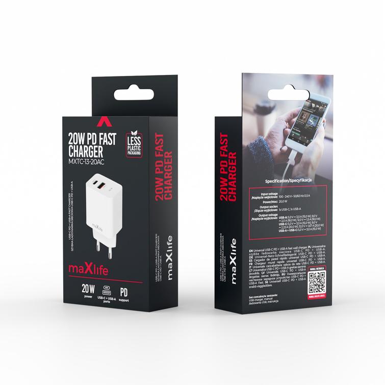 Maxlife MXTC-13-20AC PD QC laturi 1x USB-C 1x USB 20W valkoinen