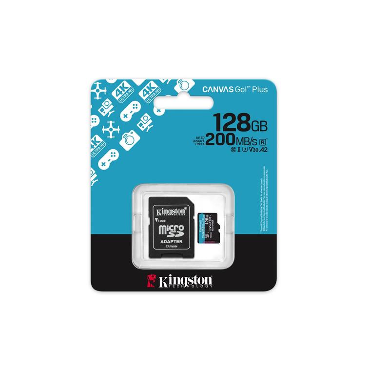 Kingston muistikortti 128GB microSDXC Canvas Go Plus Gen4 200MB/s A2 U3 V30 + adapteri