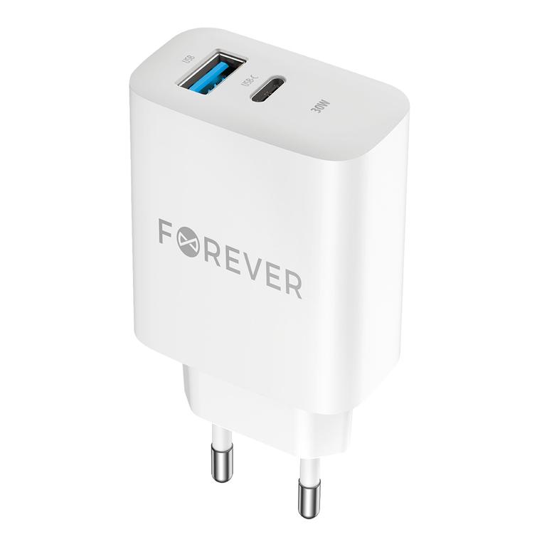 Forever TC-07-30AC PD QC laturi 1x USB-C 1x USB 30W valkoinen + USB-C - USB-C kaapeli 60W