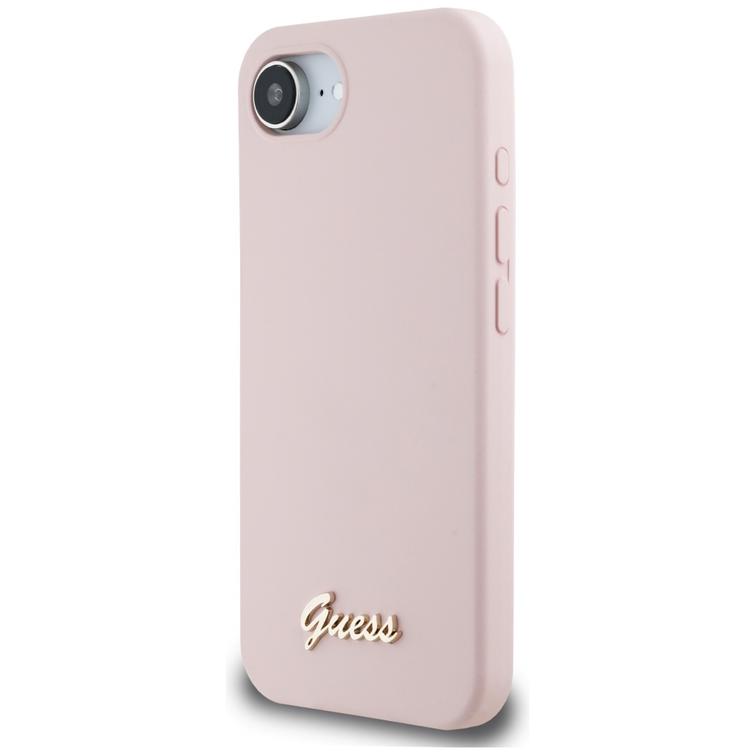 Guess HC Silicone Script Metal Logo -suojakuori iPhone 16e:lle, pinkki