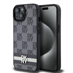 DKNY iPhone 15 Plus 6,7" -puhelimen suojakuori DKHCP15MPCPTSSK, musta, HC PU -ruutukuvio ja painetut raidat.