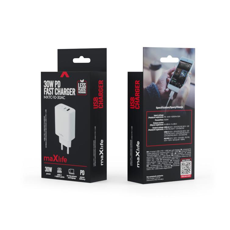 Maxlife MXTC-10-30AC PD QC laturi 1x USB-C 1x USB 30W valkoinen