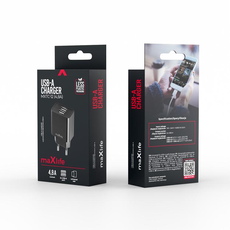 Maxlife MXTC-12 laturi 1x USB-A 4,8A musta
