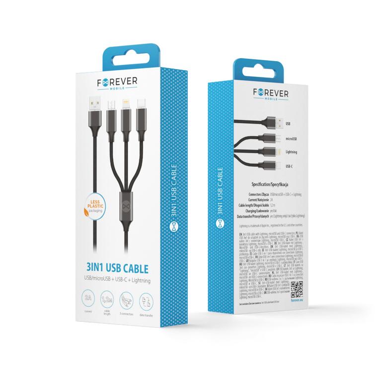 Forever 3in1 -kaapeli USB - Lightning + USB-C + microUSB 1,2 m 2A musta