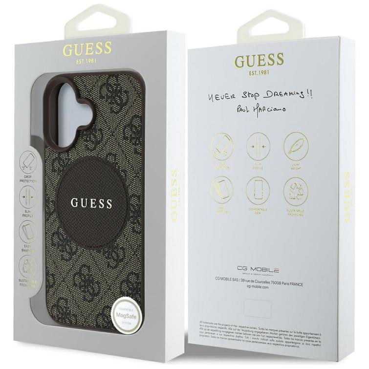 Guess HC MagSafe PU 4G Circle -suojakuori klassisella logolla iPhone 16:lle, ruskea