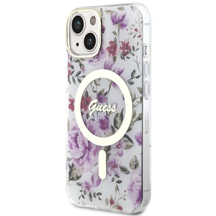 Guess iPhone 14 6,1" -puhelimen kuoret GUHMP14SHCFWST - l&auml;pin&auml;kyv&auml; kovakuori, Magsafe IML Flower