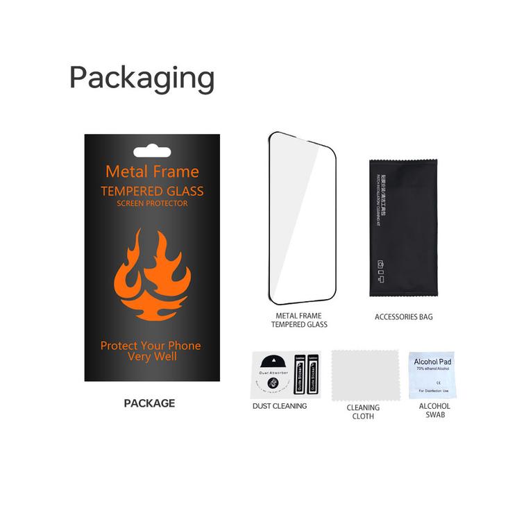 Karkaistusta lasista valmistettu metallikehys Samsung Galaxy A06s:lle, musta kehys