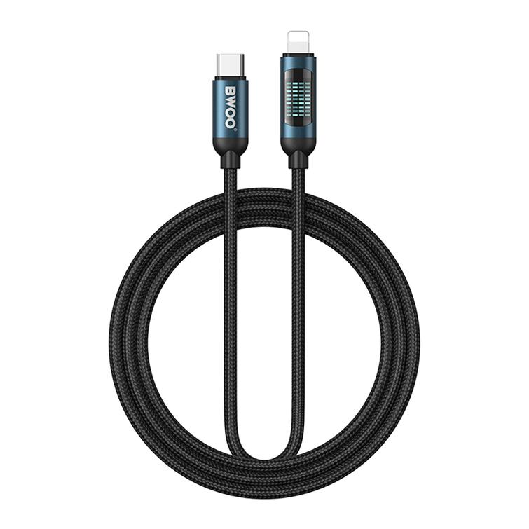 BWOO usb-c Lightning-kaapeli 1m 27W LED-n&auml;yt&ouml;ll&auml;, punottu, musta