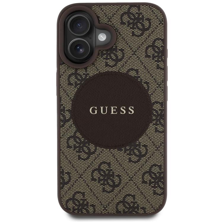 Guess HC MagSafe PU 4G Circle -suojakuori klassisella logolla iPhone 16:lle, ruskea
