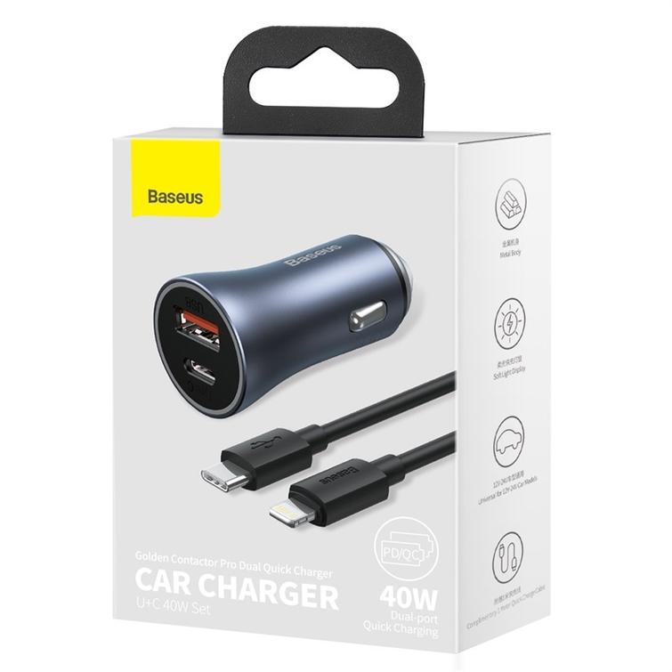 Baseus car charger Golden Contactor Pro 1x USB 1x USB-C QC 40W black + cable Lightning - USB-C