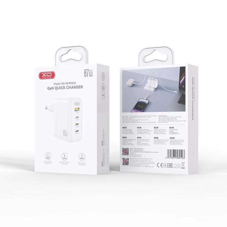 XO-sein&auml;laturi CE39 PD 67W 3x USB-C 1x USB Valkoinen