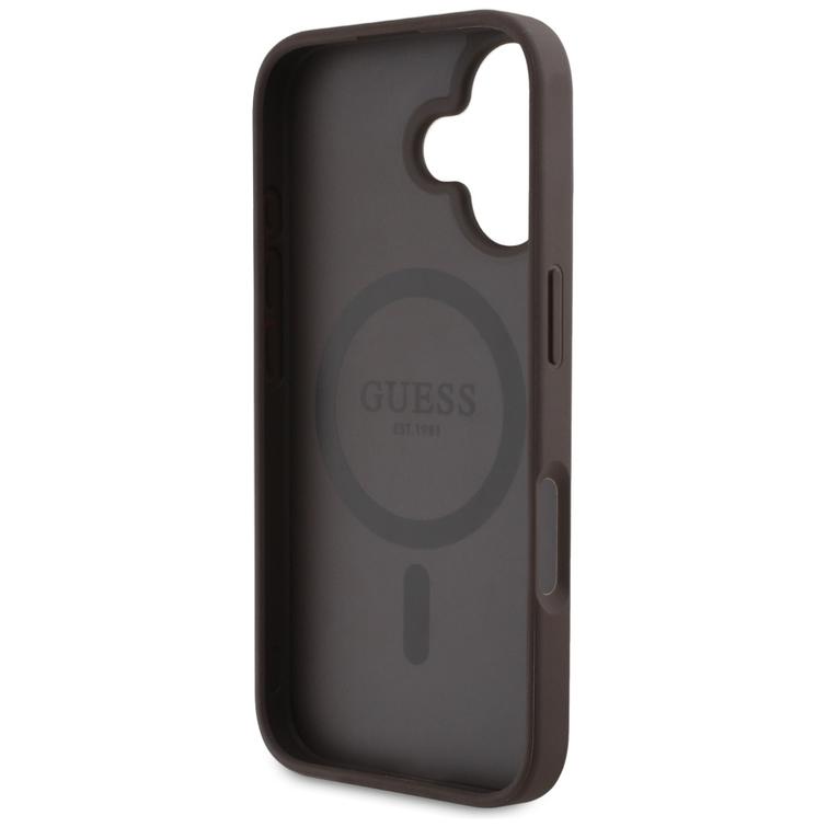 Guess HC MagSafe PU 4G Circle -suojakuori klassisella logolla iPhone 16:lle, ruskea