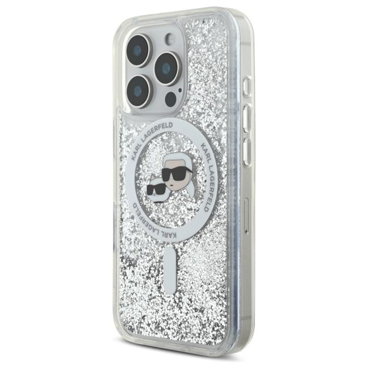 Karl Lagerfeld -suojakuori iPhone 16 Pro Max 6,9":lle. KLHMP16XLGKCSGH -läpinäkyvä, kovaa nestemäistä glitteriä, Karl&Choupette Head MagSafe -kalvolla.