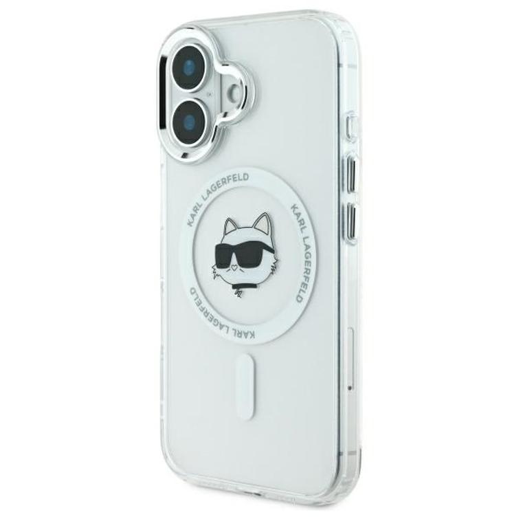 Karl Lagerfeld iPhone 16 6,1" KLHMP16SHLSCHH -suojakuori, valkoinen, kova IML-suoja, metallinen Choupette-pää, MagSafe