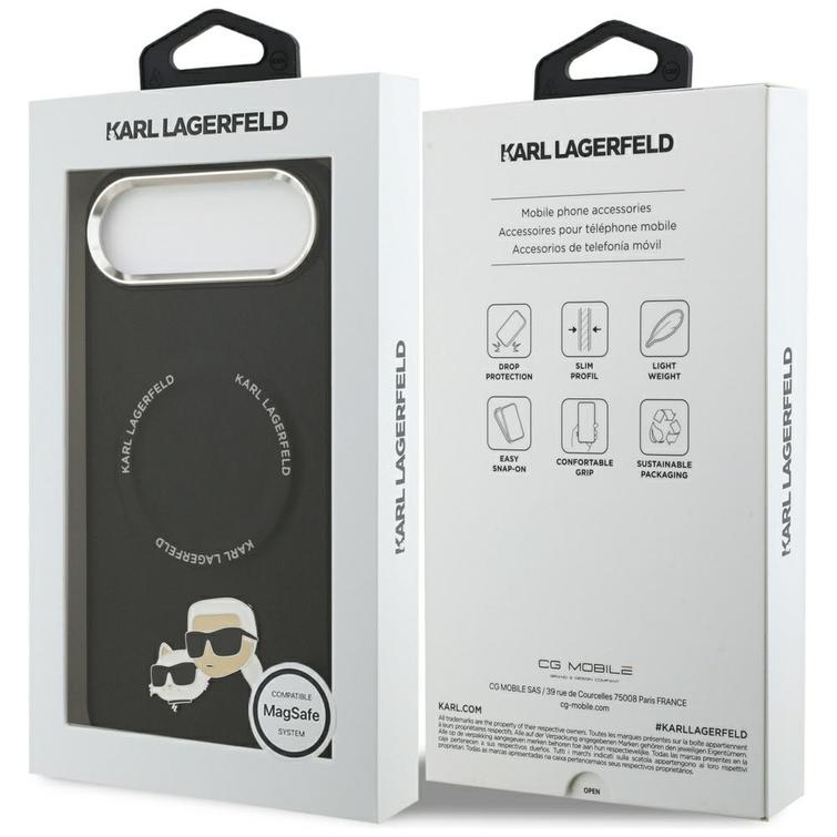 Karl Lagerfeld -kotelo, Magsafe PU -kotelo, jossa Karl&Choupette-päät, nastat, logo ja metalliset kamerapainikkeet iPhone 17 Airille, musta