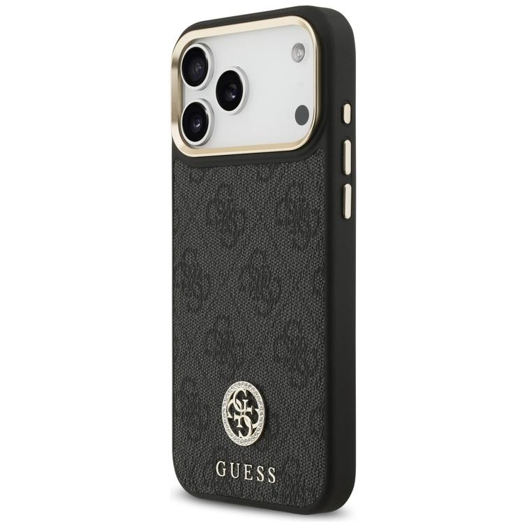 Guess 4G Srtass -logolla ja isolla hihnalla, metallinapeilla varustettu MagSafe-suojakuori iPhone 17 Pro Maxille, musta