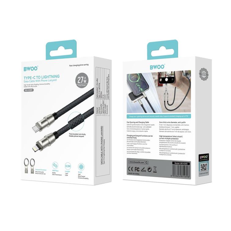 BWOO Lanyard-kaapeli USB-C - Lightning 0.3m 27W hihnalla