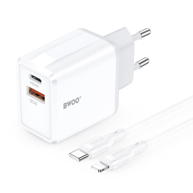 BWOO-sein&auml;laturi CDA182 QC 38W 1x USB-A + 1x USB-C USB-C C-Lightning-kaapelilla 1 m musta