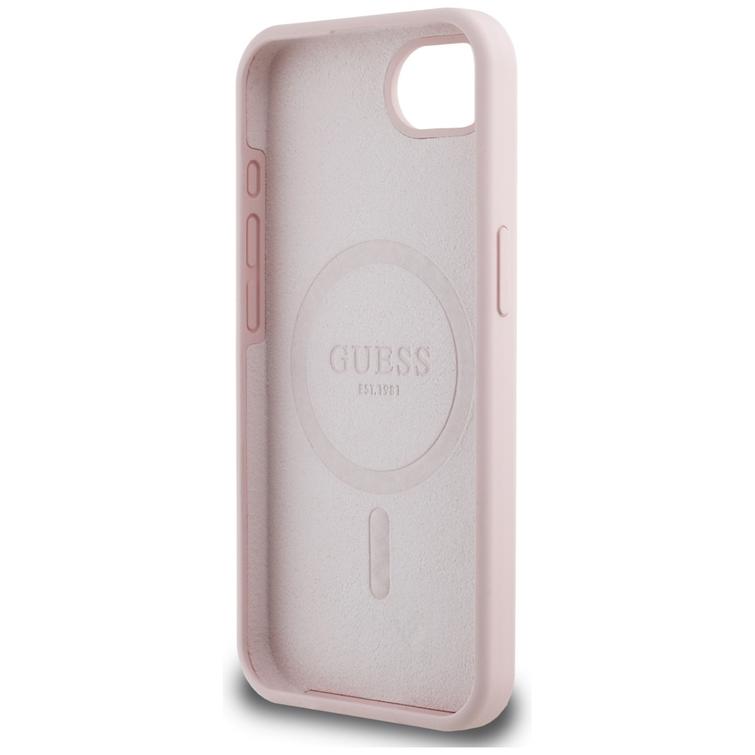 Guess HC Silicone Script Metal Logo -suojakuori iPhone 16e:lle, pinkki