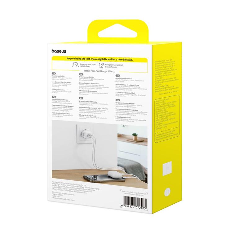 Baseus Palm Fast Charger Wall Charger 30W USB-C USB-A EU Moon White