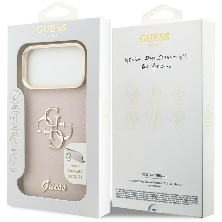 Guess Grained Big 4G & Stand -kamerakotelo iPhone 17 Pro Maxille, pinkki