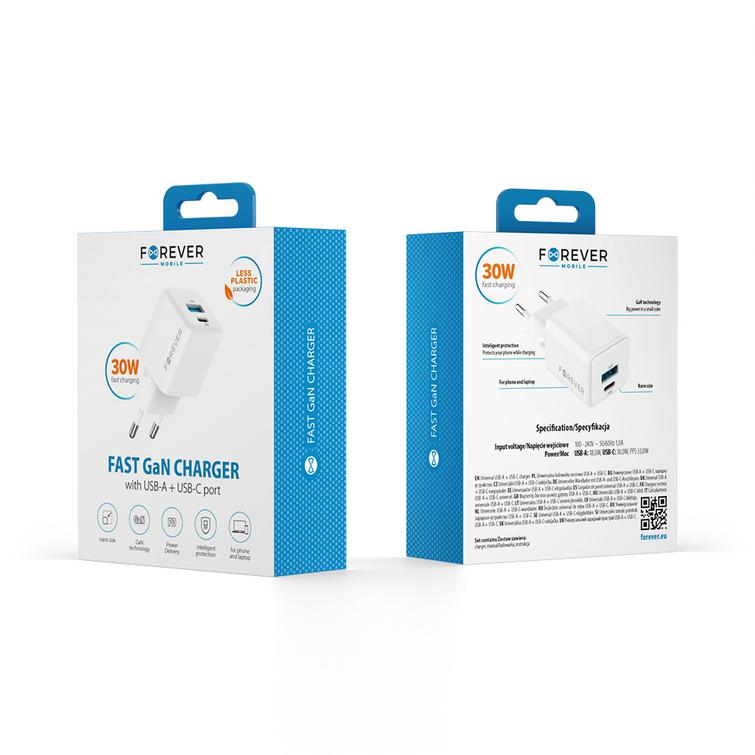 Forever TC-08-30AC GaN PD QC laturi 1x USB-C 1x USB 30W valkoinen