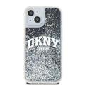 DKNY iPhone 15 6,1" -puhelimen kuoret, mustat nestekimalleilla ja kaarilogolla. DKNY DKHCP15SLBNAEK -kotelo.