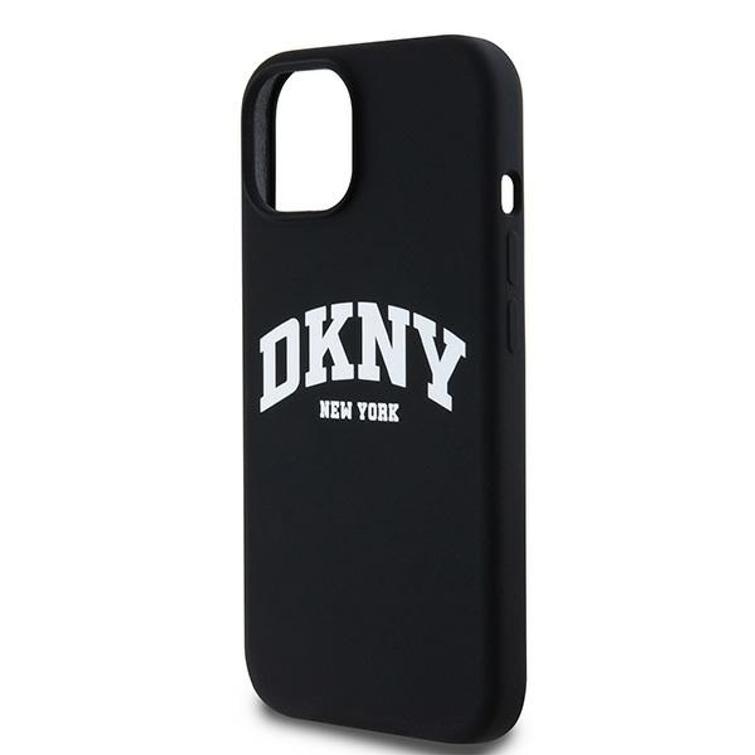 DKNY iPhone 15 Plus 6,7" -puhelimen suojakuori DKHMP15MSNYACH musta HC Magsafe -silikoni kaarilogolla.