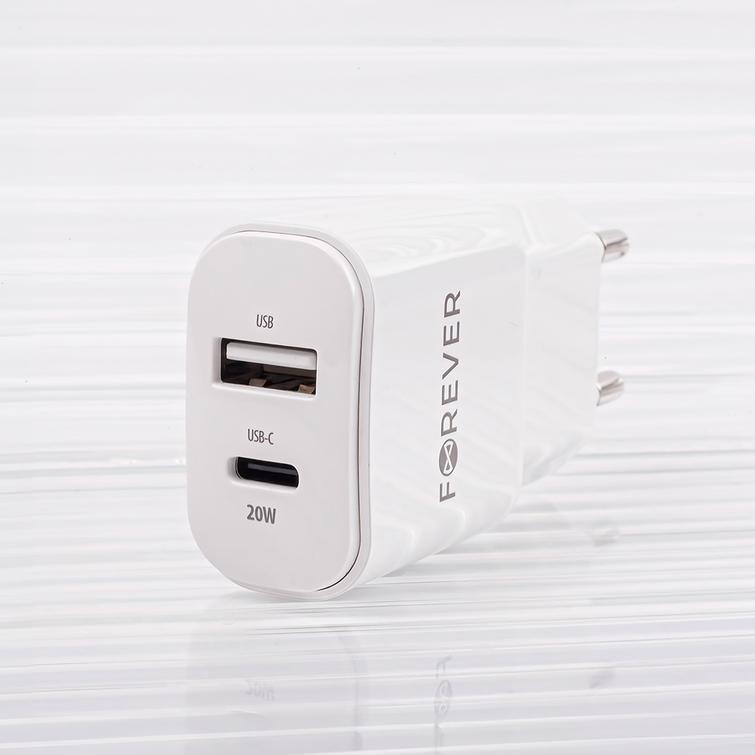 Forever TC-01-20AC PD QC laturi 1x USB-C 1x USB 20W valkoinen
