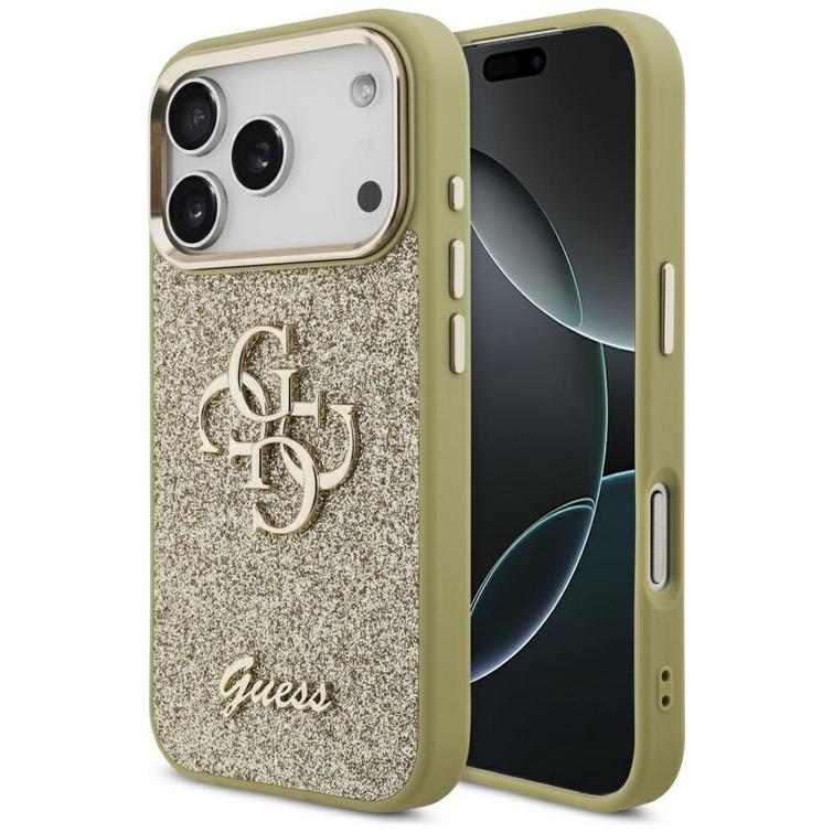 Guess Fixed Glitter Big 4G Metal Frame -suojakuori iPhone 17 Prolle, kulta