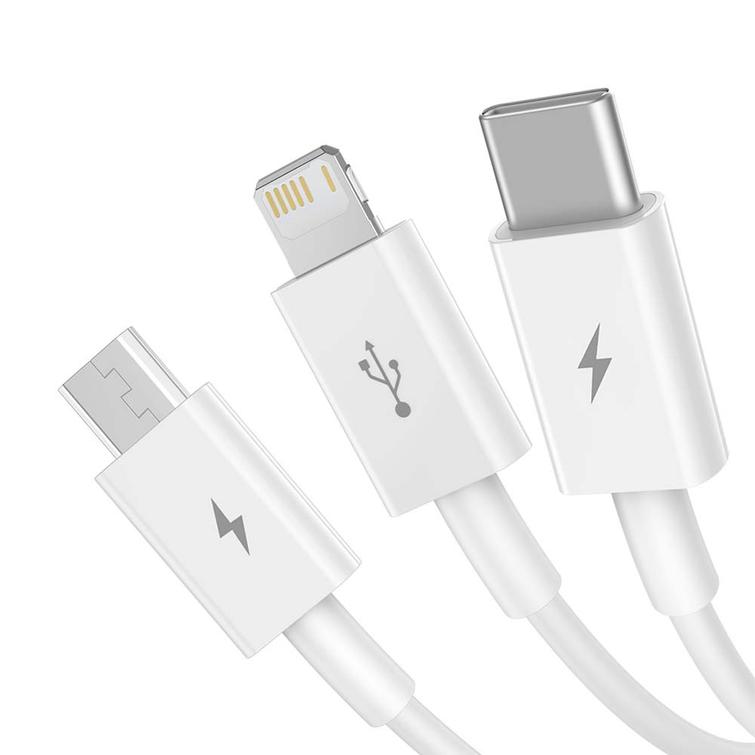 Baseus-kaapeli 3in1 Superior USB - Lightning + USB-C + microUSB 1,5 m 3,5A valkoinen