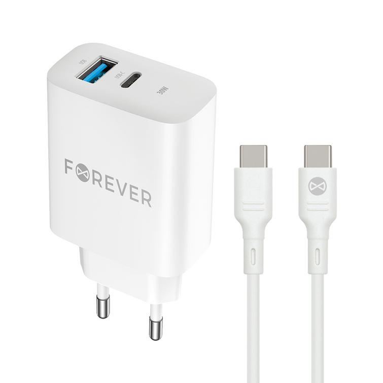 Forever TC-07-30AC PD QC laturi 1x USB-C 1x USB 30W valkoinen + USB-C - USB-C kaapeli 60W