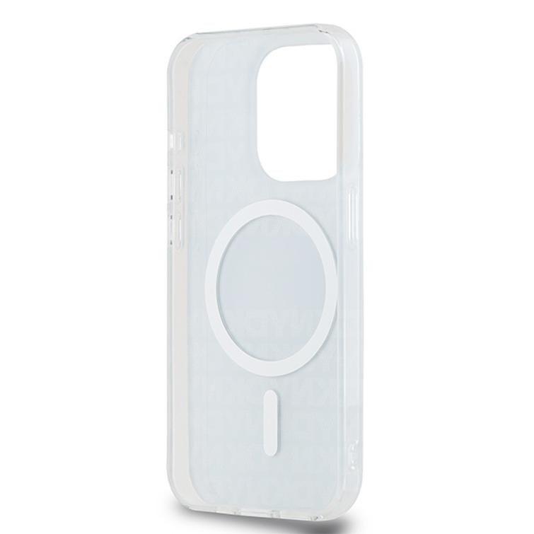 DKNY iPhone 15 Pro 6,1" -puhelimen suojakuori DKHMP15LHRHSEB, nilkkareunainen, HC Magsafe -pintakuvioitu, toistuva kuvio ja raidat.