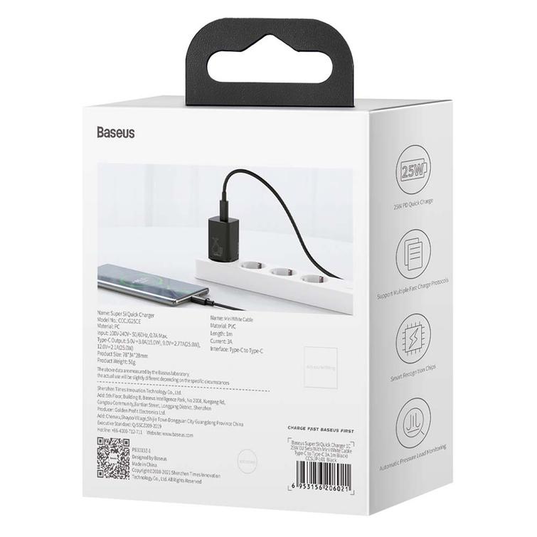 Baseus-sein&auml;laturi Super Si PD 25W 1x USBC musta + USB-C - USB-C-kaapeli