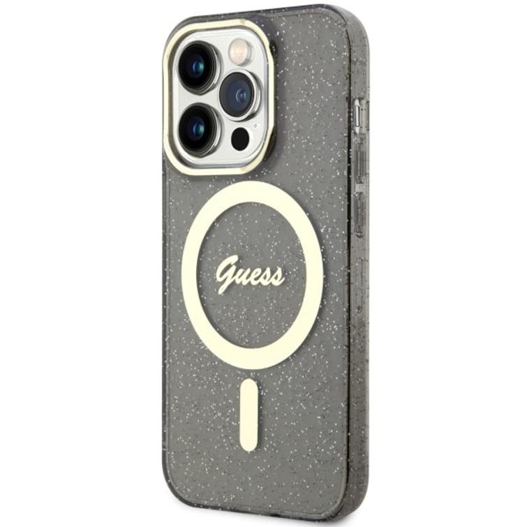 Guess iPhone 14 Pro Max 6,7" -puhelimen suojakuori GUHMP14XHCMCGK, musta, kovakuori, Magsafe IML, glitter-kulta