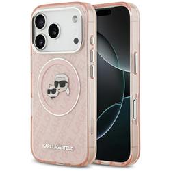Karl Lagerfeld -kotelo, Magsafe IML -kimallekotelo, metallinen kamerakehys ja napit, Karlin ja Choupetten päät KL:n toistuvassa logossa, iPhone 17 Pro, pinkki