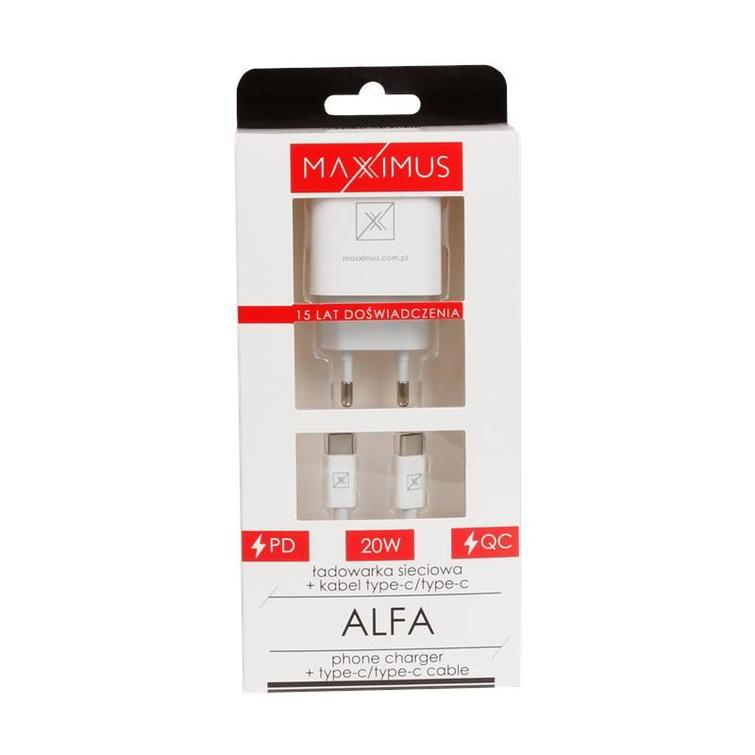 WALL CHARGER MX ALFA 20W PD+QC, USB-A+C + C/C CABLE 20W PD, WHITE