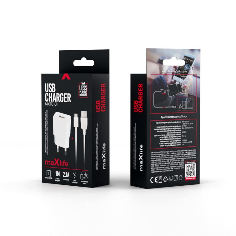 Maxlife MXTC-01 laturi 1x USB 2.1A valkoinen + microUSB-kaapeli
