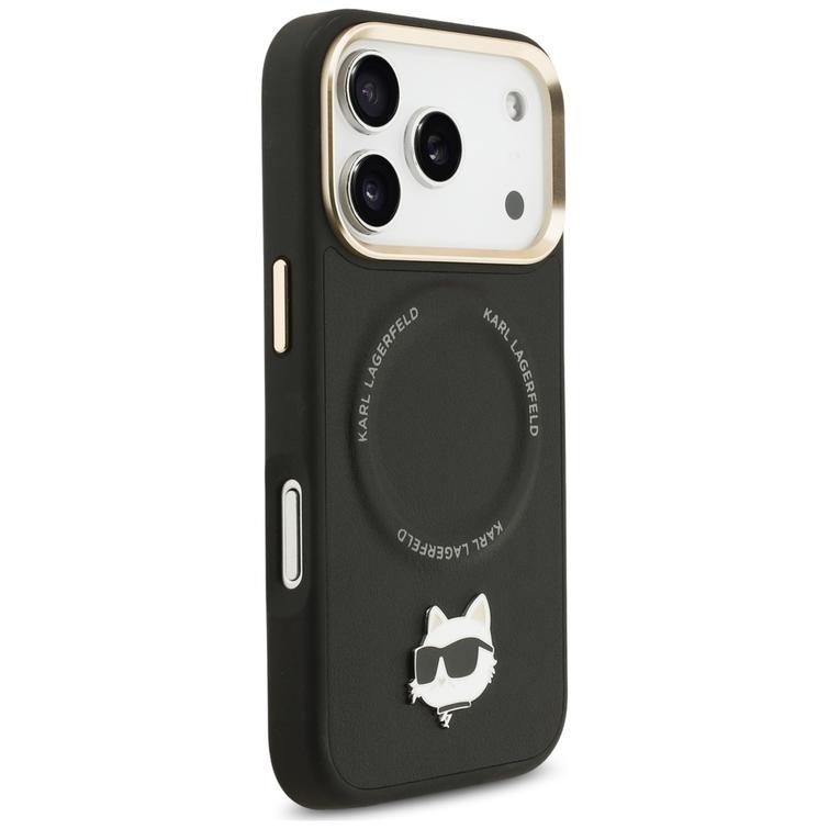 Karl Lagerfeld Big Strap Choupette Metal Logo MagSafe -kotelo iPhone 17 Pro Maxille, musta