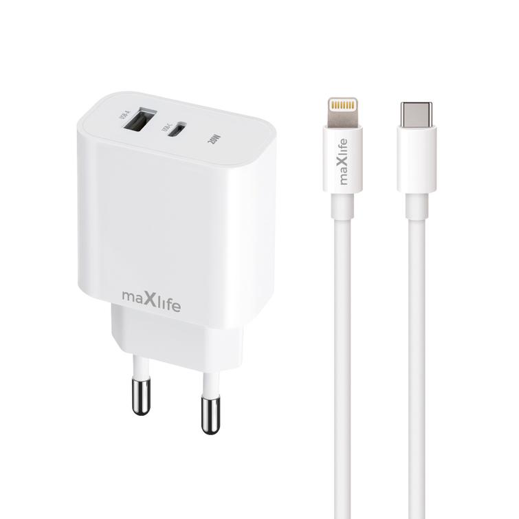 Maxlife MXTC-06-20AC PD QC laturi 1x USB-C 1x USB 20W valkoinen + USB-C - Lightning-kaapeli 20W