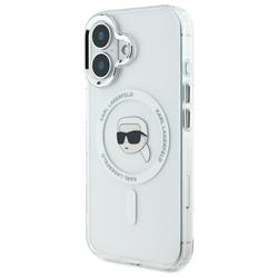 Karl Lagerfeld iPhone 16 6,1" -puhelimen suojakuori, KLHMP16SHLSKIH, valkoinen, kova IML-suoja, metallinhohtoinen Karl Head MagSafe -naaras.