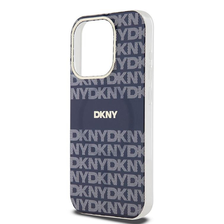 DKNY iPhone 15 Pro 6,1" -puhelimen suojakuori DKHMP15LHRHSEB, nilkkareunainen, HC Magsafe -pintakuvioitu, toistuva kuvio ja raidat.